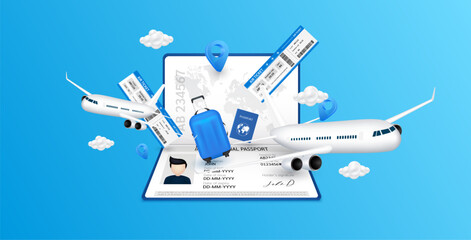 Wall Mural - Airplane is taking off from passport. Luggage blue, air ticket and cloud float away. For media tourism advertising banner design. Holiday travel and Transport concept. 3D Vector EPS10.