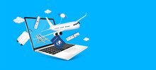 Laptop Computer With Airplane Taking Off With Space For Text. Deck Chair Umbrella Luggage, Air Ticket And Passports. Search To Travel Destination Accommodation, Booking Flight Online. 3D Vector EPS10.