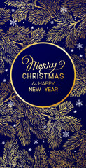 Wall Mural - christmas poster with pine branches on dark blue background. new year illustration. winter holydays 