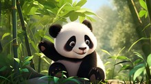 Baby Panda Sitting Among Bamboo Forest