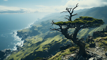 Sticker - tree in the mountains HD 8K wallpaper Stock Photographic Image