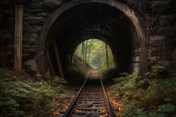 gloomy abandoned railway tunnel in the autumn forest. generated ai