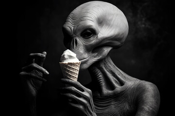 Peaceful Alien in Black and White Eating Ice Cream