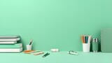school supplies scattered on green pastel table background. Generative AI