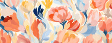 Bright Abstract Floral Seamless Pattern, With Orange, Beige, And Green Colors, In The Style Of Large Brushstrokes/loose Brushwork, Light Pink.