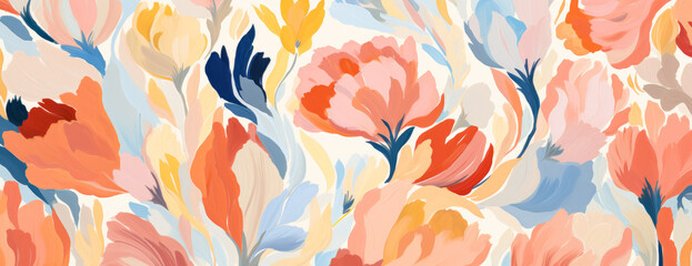 bright abstract floral seamless pattern, with orange, beige, and green colors, in the style of large