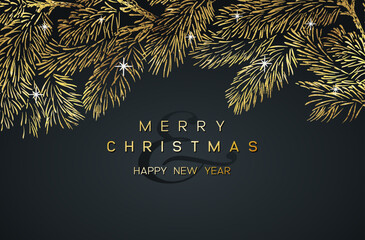 Wall Mural - christmas poster with golden pine branches on dark background. new year illustration.
