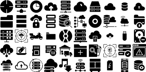 Massive Collection Of Storage Icons Pack Isolated Design Glyphs Conservation, Hosting, Icon, Business Pictograph Vector Illustration