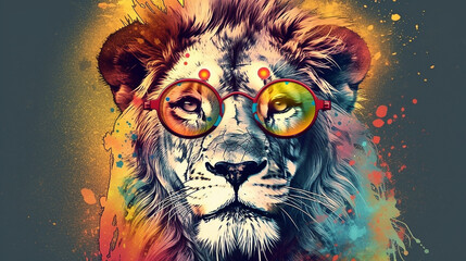 Wall Mural - lion with funky glasses on colorful background