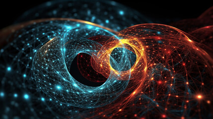 Particle, quantum entanglement (quantum correlation). Quantum mechanics . 3d illustration