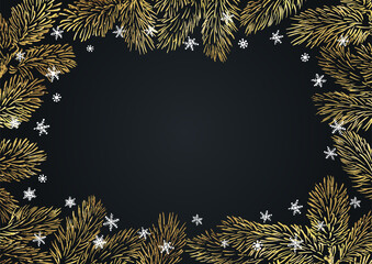 Wall Mural - vector horizontal frame of christmas background with branches of christmas tree and golden elements.