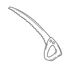 Purning Saw in hand drawn doodle style isolated on white background.Vector outline stock illustration. Sign tool gardening element. Tree pruning Coloring book