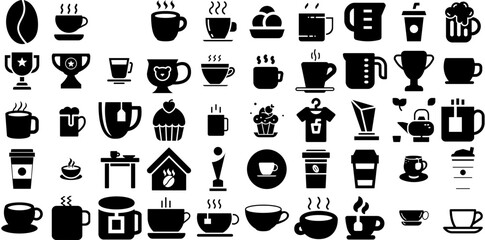 Wall Mural - Mega Set Of Cup Icons Pack Solid Cartoon Pictogram Victory, Icon, Tool, Measurement Pictogram Vector Illustration