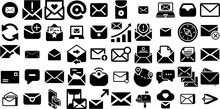 Mega Collection Of Mail Icons Pack Black Drawing Silhouettes Mark, Correspondence, Finance, Steal Doodles Vector Illustration