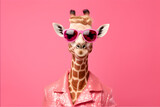 Giraffe  wearing  the gentleman suit  and pink glasses  photoshoot