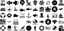 Massive Collection Of Sea Icons Set Hand-Drawn Isolated Modern Silhouette Icon, Anchor, Creature, Tortoise Logotype Isolated On White Background