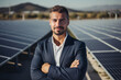 Portrait of manager handsome man standing at solar panels power plant for sustainable energy. Generative AI