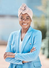 Poster - Corporate pride, portrait and a black woman with arms crossed for city business or work. Smile, professional and an African employee or girl with confidence and happiness about professional career