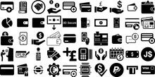 Mega Collection Of Payment Icons Pack Flat Simple Silhouettes Way, Icon, Credit, Coin Pictograms Isolated On Transparent Background