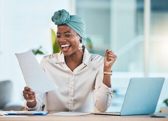 Poster - Laptop, documents and wow with a business black woman in celebration while reading her promotion contract. Success, motivation and paper with a young female employee cheering as a winner in an office