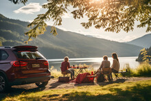 Group Of Friends Enjoying A Road Trip Picnic By Their Parked Cars, Surrounded By Beautiful Nature And The Open Road Ai Generated Art