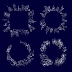 Wall Mural - fir wreath, branch and cone frame set. silver frames collection for winter card design on blue