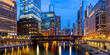 Chicago city skyline downtown skyscraper at Chicago River bridge panorama in the United States