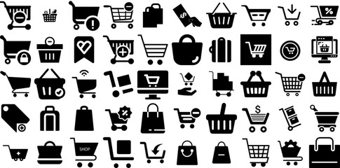 Massive Collection Of Cart Icons Set Hand-Drawn Solid Vector Signs Icon, Symbol, Baggage, Mark Element Vector Illustration