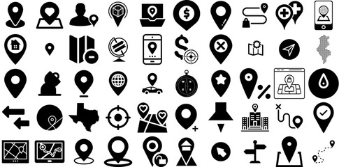 Wall Mural - Mega Set Of Location Icons Bundle Hand-Drawn Linear Drawing Clip Art Pointer, Geolocation, Navigator, Orientation Doodles Isolated On White Background