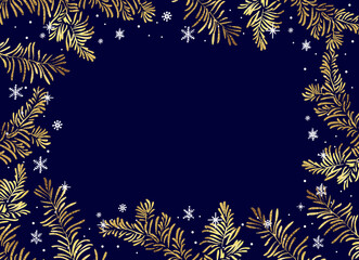 Wall Mural - vector horizontal frame of christmas background with branches of golden christmas tree and snowflack
