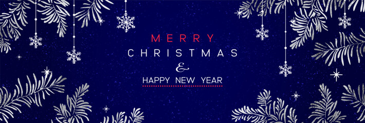 Wall Mural - christmas poster with silver pine branches on dark blue background. new year illustration. winter de