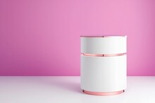 Luxurious Modern Round Podium, Pedestal For Displaying A Product Or Product In Pink And White Colors. Macro. Clean Background. Gold And Silver Details, Lots Of Light And Free Space. AI Generation
