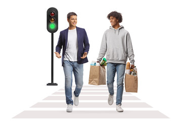 Poster - Caucasian guy walking and talking to an african american guy with grocery bags at a pedestrian crosswalk