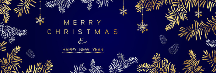 Wall Mural - christmas poster with golden pine branches on dark blue background. new year illustration. winter de