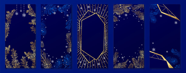 Christmas Poster set. Vector illustration of Christmas Background with branches of christmas tree and golden elements.
