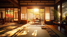 Traditional Japanese House With A Beautiful Garden, Wooden Furniture Japan Style. Interior Of Modern Living Room With Wooden Walls, Wooden Floor And Terrace. 3d Rendering.