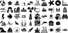 Massive Set Of Sea Icons Set Isolated Vector Signs Creature, Tortoise, Anchor, Icon Graphic Isolated On Transparent Background