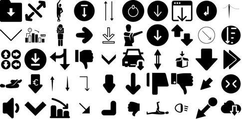 Wall Mural - Massive Set Of Down Icons Pack Hand-Drawn Black Drawing Elements Go, Circle, Symbol, Icon Silhouettes For Apps And Websites