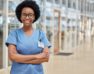 Sticker - Nurse, portrait and black woman with arms crossed, happy or smile in hospital. African medical professional, confidence and face of surgeon from Nigeria with glasses for healthcare service in clinic.