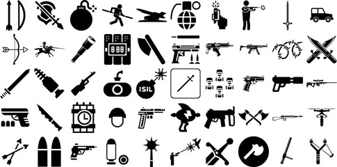 Massive Set Of Weapon Icons Set Isolated Vector Symbols Icon, Tool, Marketing, Sword Glyphs Isolated On White Background