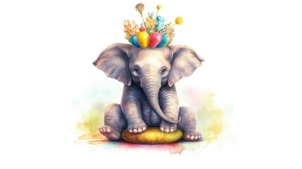 Sticker - Adorable baby elephant in an artwork seated on the rainbow with a balloon and a crown.