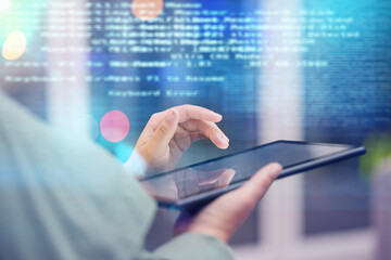 Poster - Woman, hands and tablet with coding overlay in digital transformation, software or hardware development. Hand of female person, coder or developer with technology or data analytics in double exposure