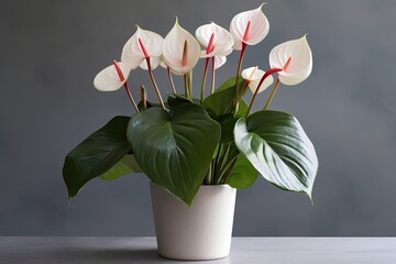 Wall Mural - Anthurium, a popular indoor plant, in a plain white flowerpot. Anthuriums in the shape of hearts, often known as flamingo flowers, represent hospitality.