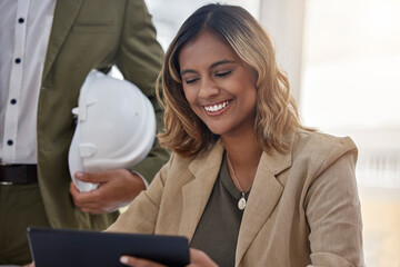 Poster - Architecture, tablet and planning with woman in office for engineering, design and technology. Construction, checklist and building with employee and research for development, and project management
