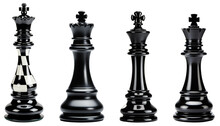 Set Of Minimalistic, Classic, Black Chess Kings. Design Elements For Business, Competition, Singleness Of Purpose, Logic. Black Chess Pieces. Isolated On Transparent Background. KI.