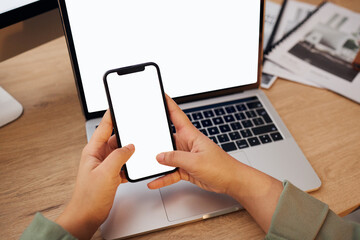 Poster - Screen, laptop and person typing on a phone and search internet for branding and business technology or social media. Online, ux and hands of entrepreneur writing on mobile app, email and networking