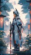 cyber rural japan landscape with cyber samurai standing in pose with a long white glowing katana, Generative AI