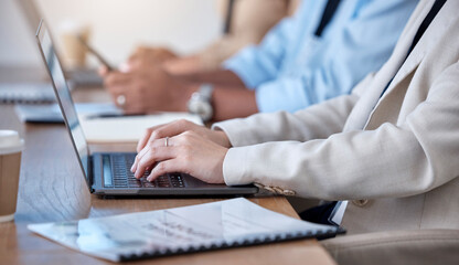 Poster - Business, hands and typing in a office with internet research and law proposal at law firm. Reading, planning and lawyer working on online, digital and web strategy for attorney case on the internet