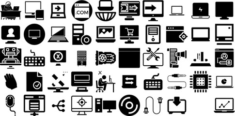 Wall Mural - Big Collection Of Computer Icons Collection Hand-Drawn Isolated Cartoon Symbol Set, Shopping, Pointer, Silhouette Doodles Vector Illustration