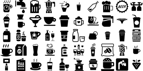 Wall Mural - Big Collection Of Drink Icons Collection Hand-Drawn Linear Design Web Icon Milk, Sweet, Infographic, Set Illustration Isolated On White